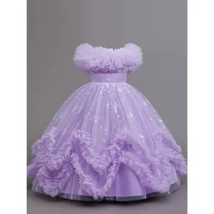 [Princess Dress] Girls' Princess Dress with Golden Butterfly Embroidery and Wood Ear Lace |     Elegant Preppy Style, Solid Color with Contrast Mesh Details, Long Length for Summer Festivals and Performances