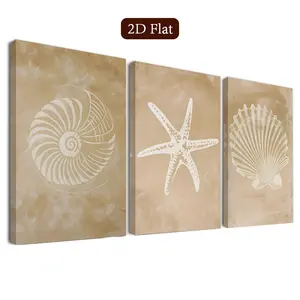 3 Piece Coastal Style Framed Wall Art Set, Shell Canvas Print, Starfish Pattern Poster, Modern Home Decor, Elegant Room Decoration