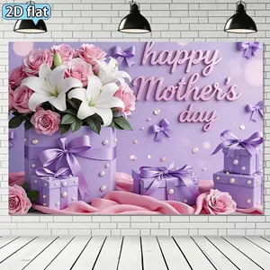 2D Flat, 2D Flat. 1pc Mother's Day Themed Backdrop Purple Pink Floral Gift Box Happy Mother's Day Decoration Mother's Day Party Decor Gift Tapestry., 2D Flat