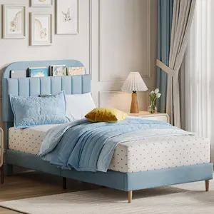 Garvee - Single bed frame with storage headboard, velvet upholstered bed frame for kids, kid's bed, strong wooden slats, noiseless, easy to assemble, no need