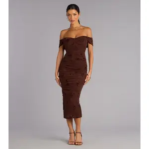 Sweet Chic Flocked Floral Off-The-Shoulder Midi Dress