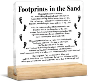 Inspirational Home Office Desk Decor, Footprints in the Sand Acrylic Plaque Sign with Wooden Stand, Religious Gifts for Wonen Men Footprint Prayer Friend Decor0521