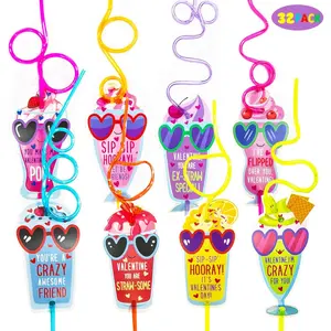 Valentines Day Gifts for Kids - Valentines Day Cards for kids - Set of 32 Crazy Straws Bulk - Valentine Exchange Cards for Girls Boys Toddlers School Class Classroom Party Favors