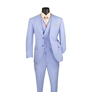 Men’s Modern Fit Summer 3-Piece Suit with Double-Breasted Vest – Light Blue MV2K-2