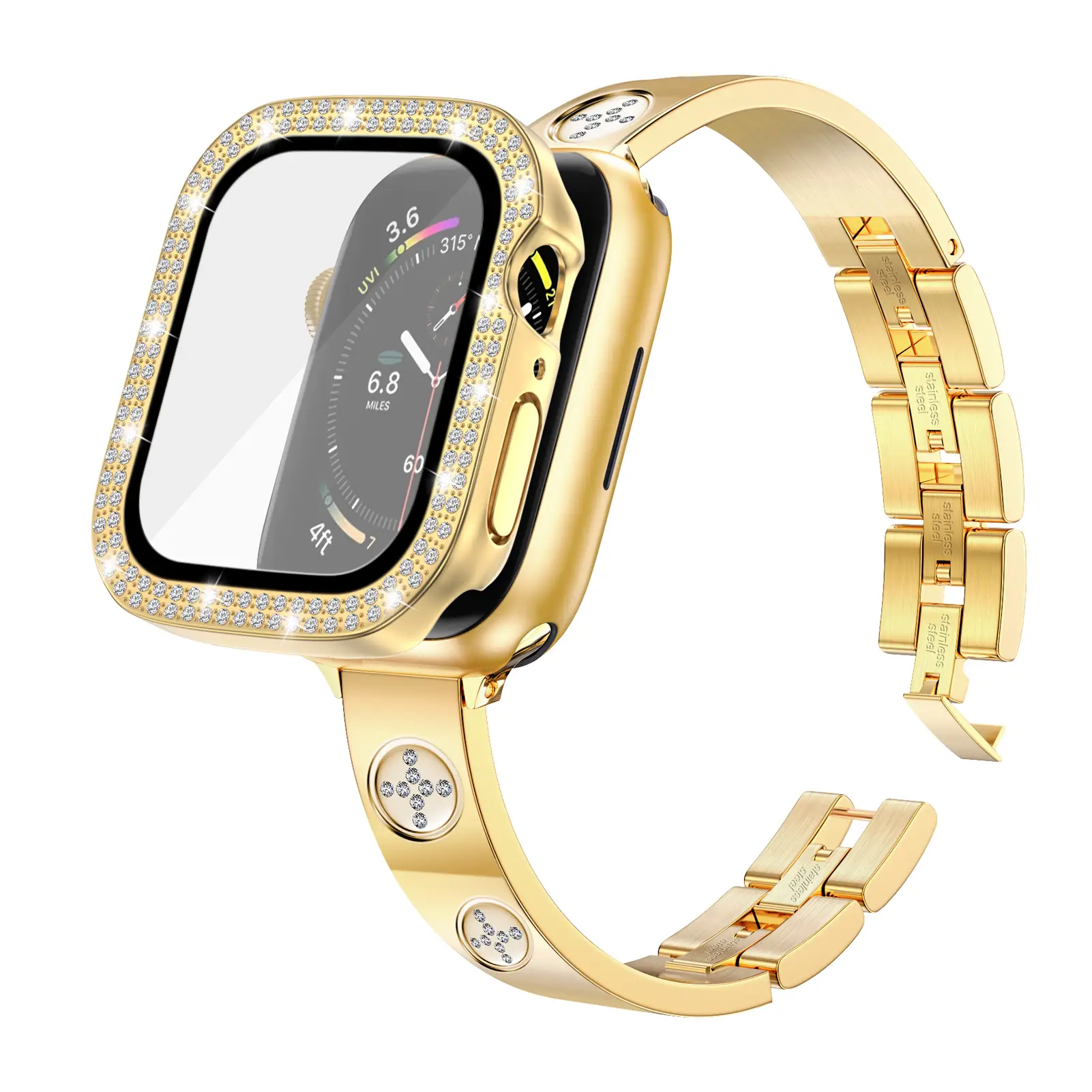 Skimemry Luxury 316L Stainless Steel Metal Band and Dual-Bling Case Compatible with Apple Watch Series 1-10 SE Ultra for Women Girl