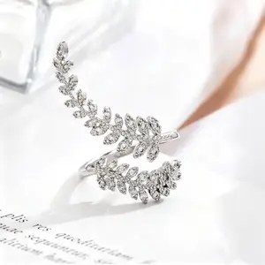 Adjustable Lucky Leaf Open Ring, Gold & Silver Two-Tone with Paved Crystals, Elegant Fashion Promise Ring for Engagement, Anniversary, Wedding, Birthday, Perfect Gift for Girlfriend, Mother's Day Gift