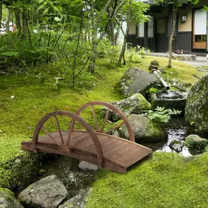 3.3ft Arched Wooden Garden Bridge – Fir Wood Footbridge with Decorative Half-Wheel Railings