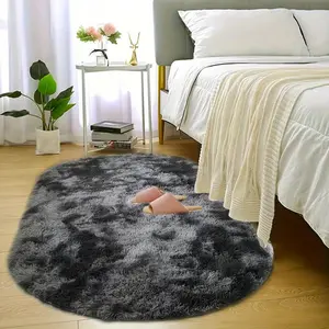 Dark Grey Oval Fluffy Modern Polyester Rug - Soft Area Rug, Non-Slip Solid Color Home Decor Carpet for Bedroom, Living Room