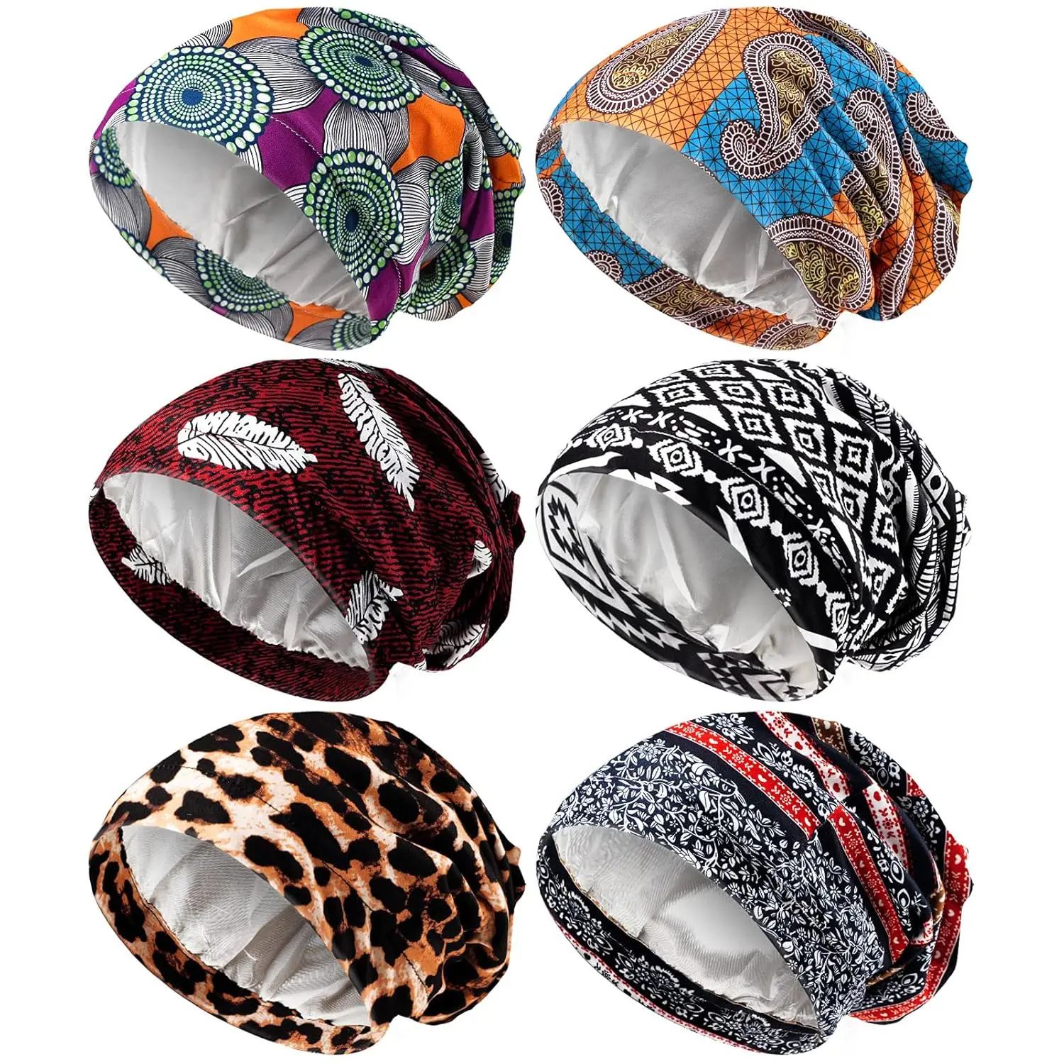 6 Pack Satin Lined Bonnet African Print Sleep Cap Slouchy Beanie for Women
