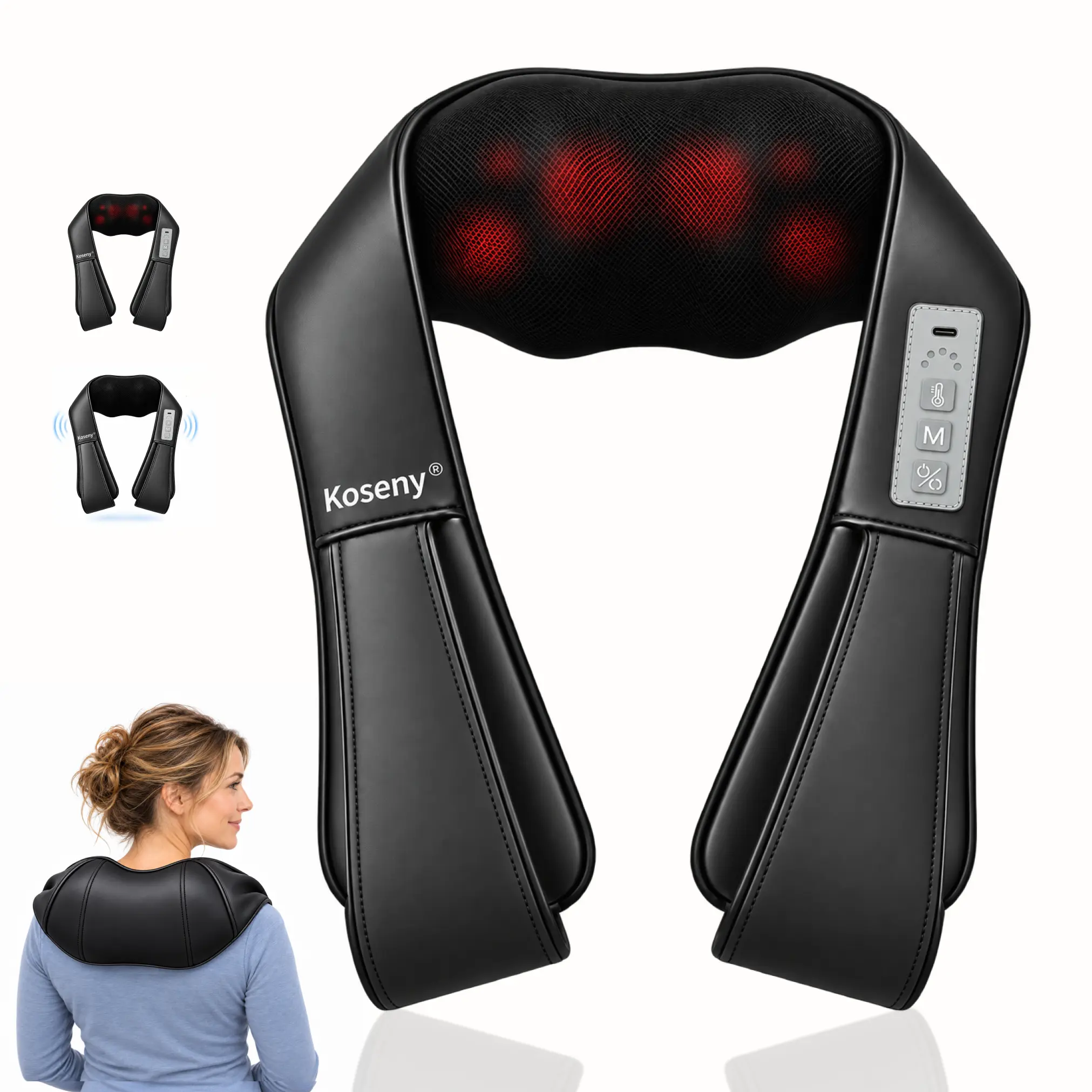 Koseny Adjustable Cordless Neck Massager with Heat - 3D Shiatsu Kneading Therapy Device for Shoulder, Back, Waist, Portable Muscle Massager, Ideal Gift for Parents