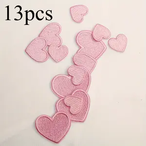 13pcs Heart Embroidered Applique Patches Set, Pink  Iron-On Heat-Resistant Fabric Decals for Clothing, Shoes, Bags, and Socks Decoration - All-Season Accessory