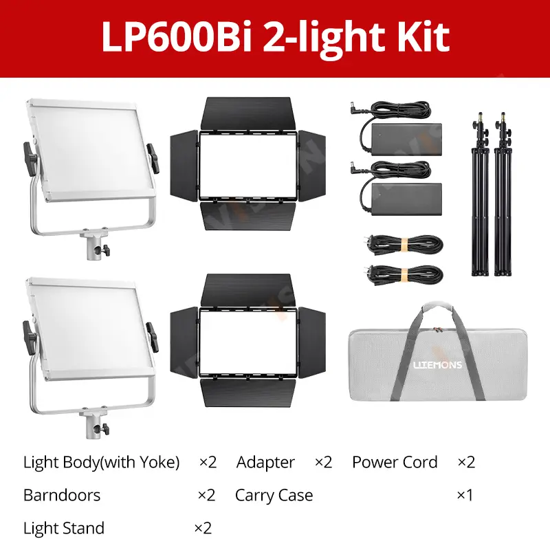 Godox LP600Bi 2-light Kit with Light Body Yoke Adapter Power Cord Barndoors Carry Case and Light Stand for Professional Photography