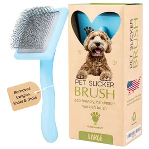 Flat Slicker Brush Large Ergonomic Design Effective Brushing dog cat animal pet hair dematting detangling shedding undercoat soft flexible bristle mats tangles long rake gentle doodle fur poodle wooden lightweight comb Deshedding Grooming Brush 3-in-1