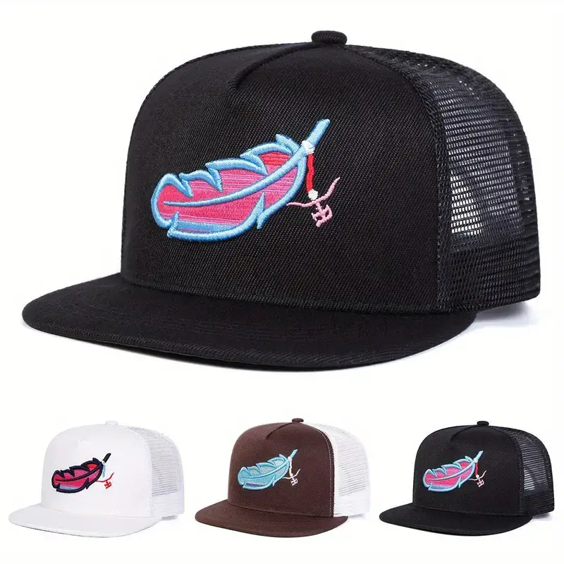 Adjustable Feather Embroidered Hip Hop Hat Mesh Hat Baseball Cap Trucker Hat for Casual Outdoor Use, Unisex Sun Protection