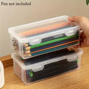 Large Clear Plastic Storage Box with Hinged Lid, Ideal for Pens Pencils Markers, Perfect Office School Desk Organizer Container