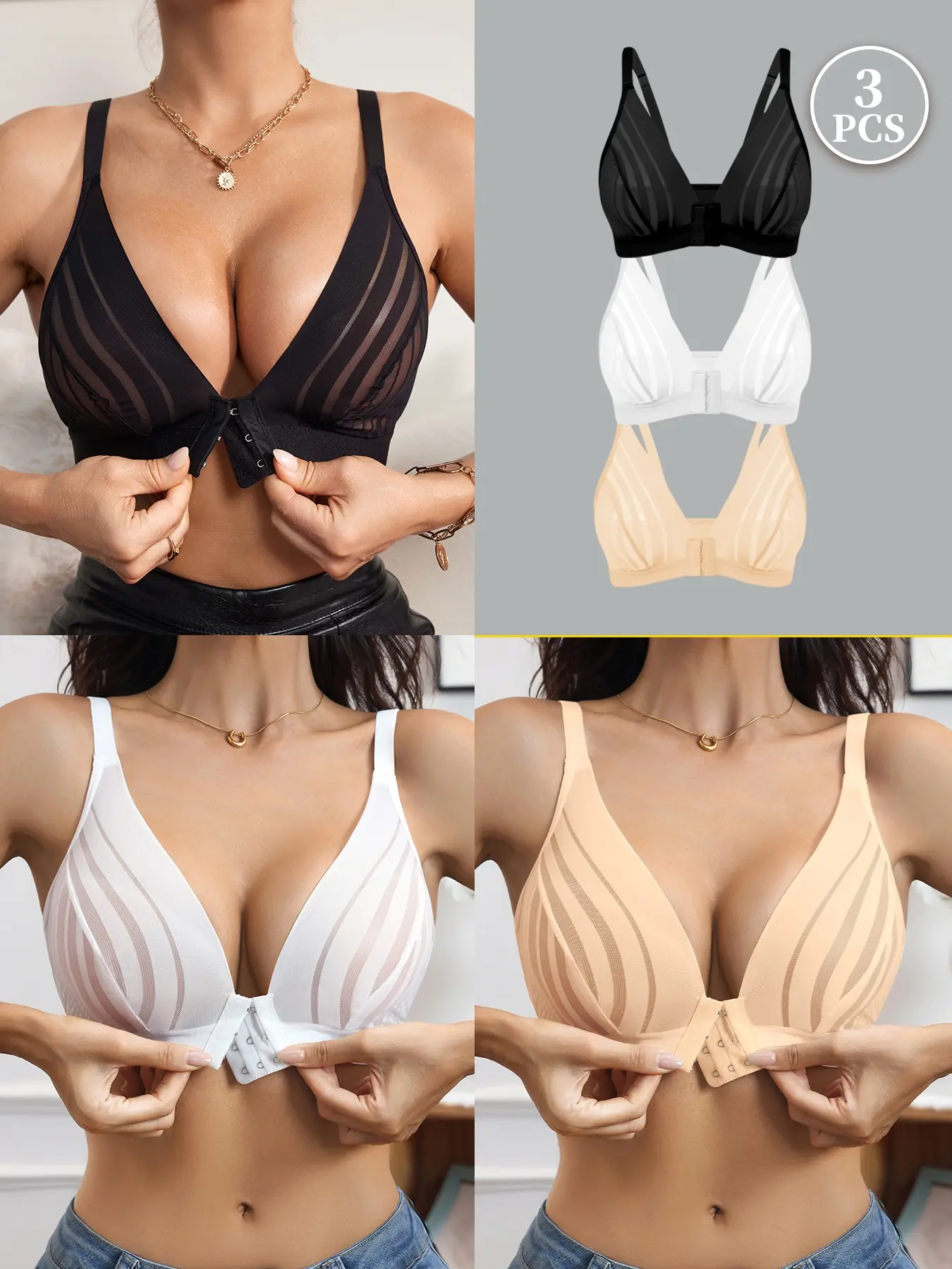1/2/3/6 Pack Sexy Mesh Bra with Front Buckle, Wireless Lace Cup, No Underwire, Medium Support, Fitted, Plain Design, Women's Daily Wear Lingerie