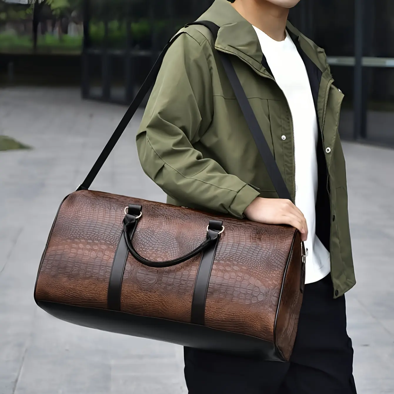 Unisex Travel Duffel Bag, Vintage Retro Croc Embossed PU Leather Weekender, Large 40L+ Capacity with Anti-Theft Pocket, Father's Day Gift