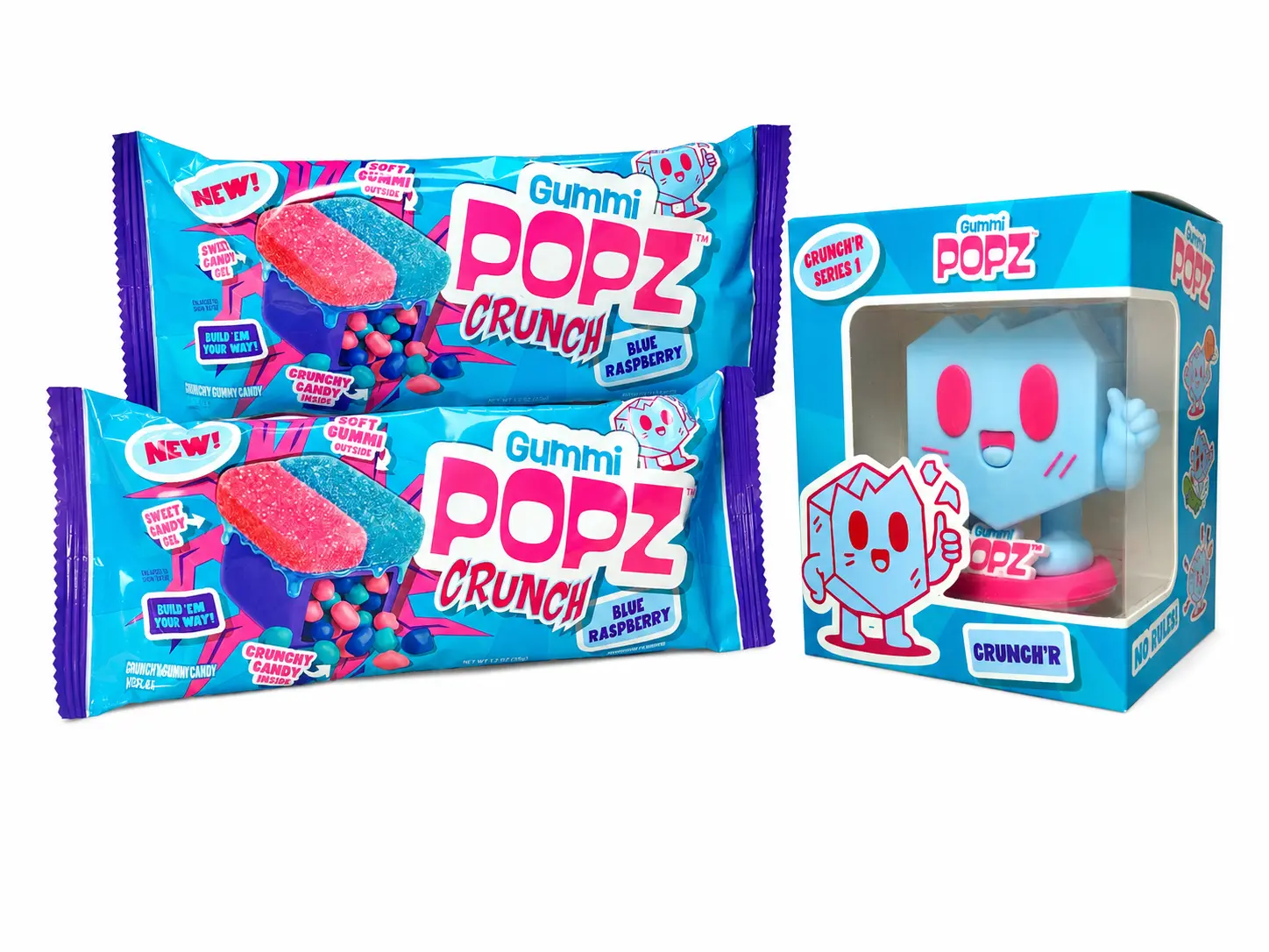 Gummi Popz Crunch'r Surprise Pack - Crunch'r Collectible Toy + 2 Gummi Popz Crunch Blue Raspberry Candy Packs | Limited Edition Candy & Toy Gift Set