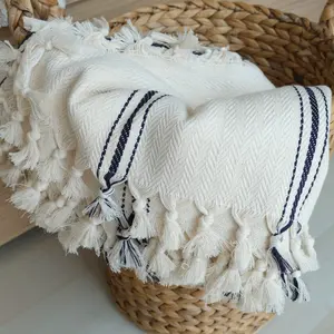 Turkish Throw Blanket in Cream with Black Stripes | Soft Cotton, Handwoven Large Sofa Throw | King Queen Bed spread w Boho Tassels | CUDDLY