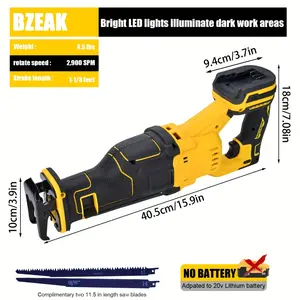 Cordless brushless electric reciprocating saw(Bare tool; battery not included), suitable for Dewalt 20V battery, compact, adjustable speed, with LED light and safety lock, can be used for wood, metal, PVC pipe cutting
