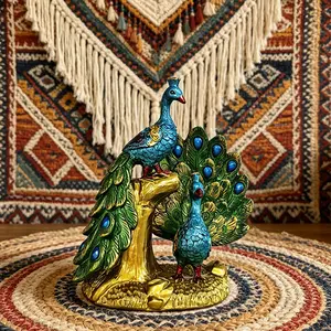 Luxury Dual Peacock Resin Ornament, Home Ornaments, Retro European Vintage Home Decor, Bohemian Style Living Room Shelf Art, Lucky Animal Feng Shui Piece