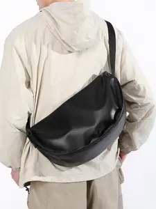 1pc Large capacity black soft leather crossbody bag for men, PU leather crescent shaped armpit bag, adjustable shoulder strap casual shoulder bag, commuting lazy style dumpling bag, simple texture shoulder bag