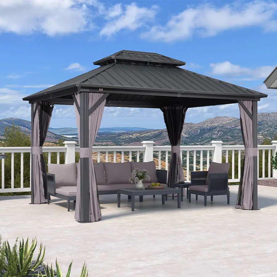PURPLE LEAF 10' x 12' Grey Hardtop Gazebo, Heavy-Duty Galvanized Steel Double Roof Patio Canopy with Netting, Curtains for Backyard Relaxation – Shade Netting, Water & Weather Resistant Outdoor Patio Furniture Set