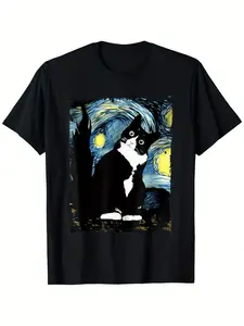 Starry Night Tuxedo Cat Graphic Tee for Cat Lovers Fully Cotton Round Neck Short Sleeve Top