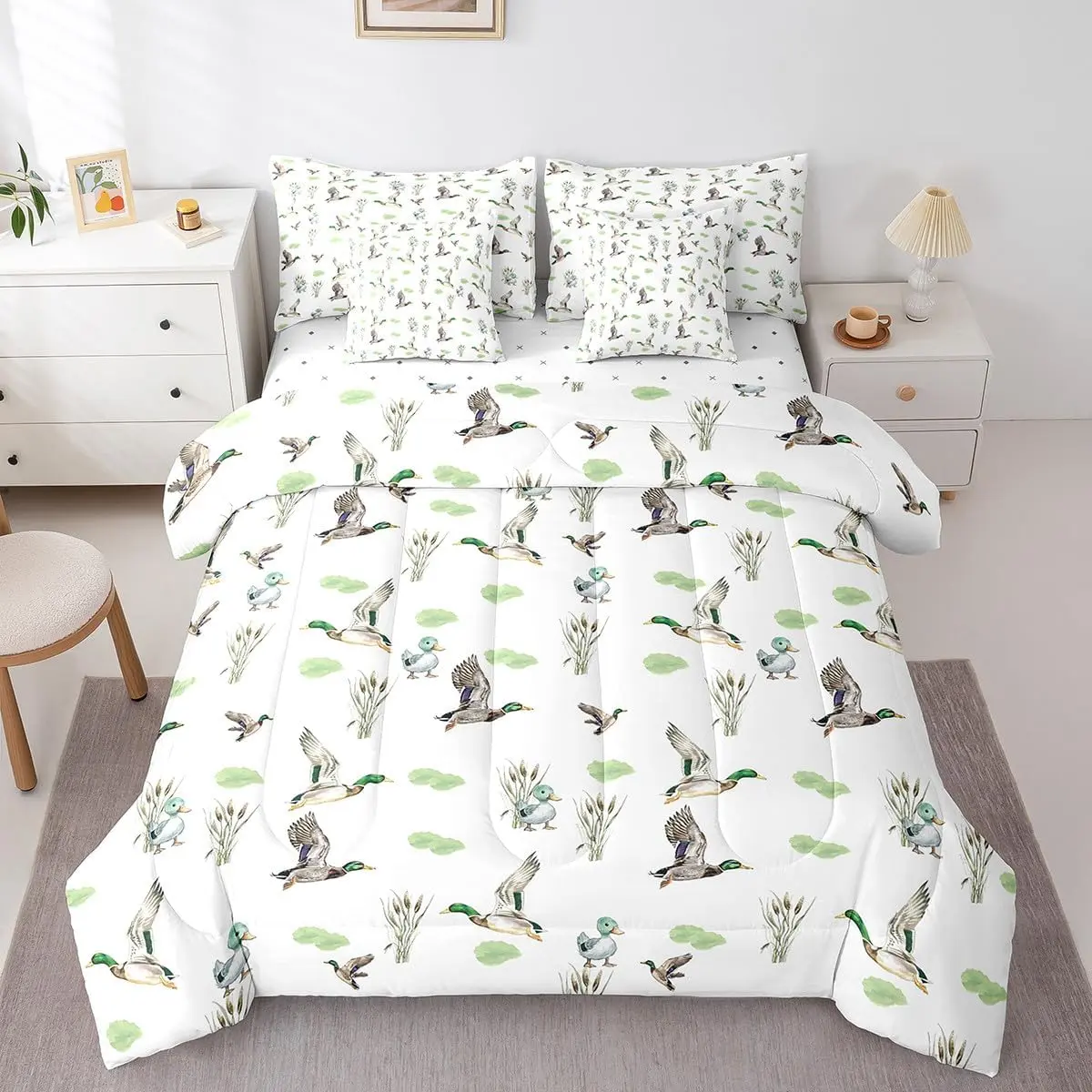 Feelyou 7-Piece Microfiber Mallard Duck Bedding Set - Woodland Wild Duck Comforter, Soft Breathable Bedsheet Sets, Kids' Bedroom Textile Accessories, Ideal for Birthday Gifting, Beddingsets, Soft Comfy Blanket