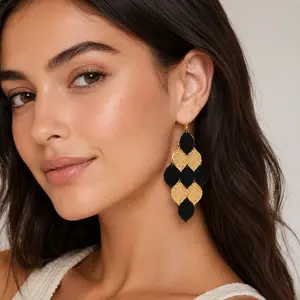 Leaf Earring Gold Black Drop Sparkling Elegant Lightweight Comfortable Versatile Feminine Summer Gift for Women Girls Daily Wear Special Occasion Perfect Accessory