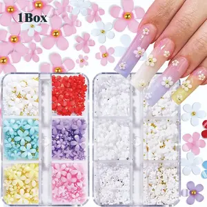 #Summervibes  3D Flower Nail Charms,3D Acrylic Flower Nail Art Rhinestones White Pink Mixed Cherry Blossom Spring Acrylic Nail Supplies with Pearls Manicure DIY Nail Decorations