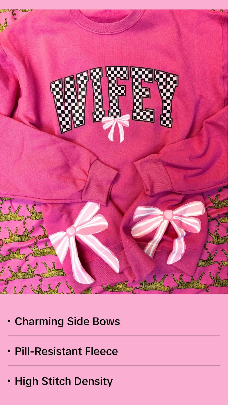 Side Bows PINK AND BLACK CHECKERED BOW WIFEY Unisex NuBlend Crew Sweatshirt WIFE Trendy Casual Long Sleeve 50/50 Cotton/Polyester Pre-shrunk Fleece High Stitch Density