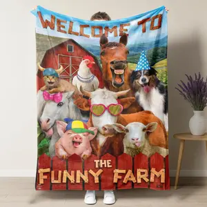 Welcome to The Funny Farm Flannel Blanket, Cute Dressed-Up Farm Animals Throw, Ultra Soft Cozy Plush Blanket, Perfect for Kids Adults Farm Animal Lovers, All Season Warm Blanket for Bedroom Couch, Birthday Housewarming Gift, Summer Camping Travel Blanket,