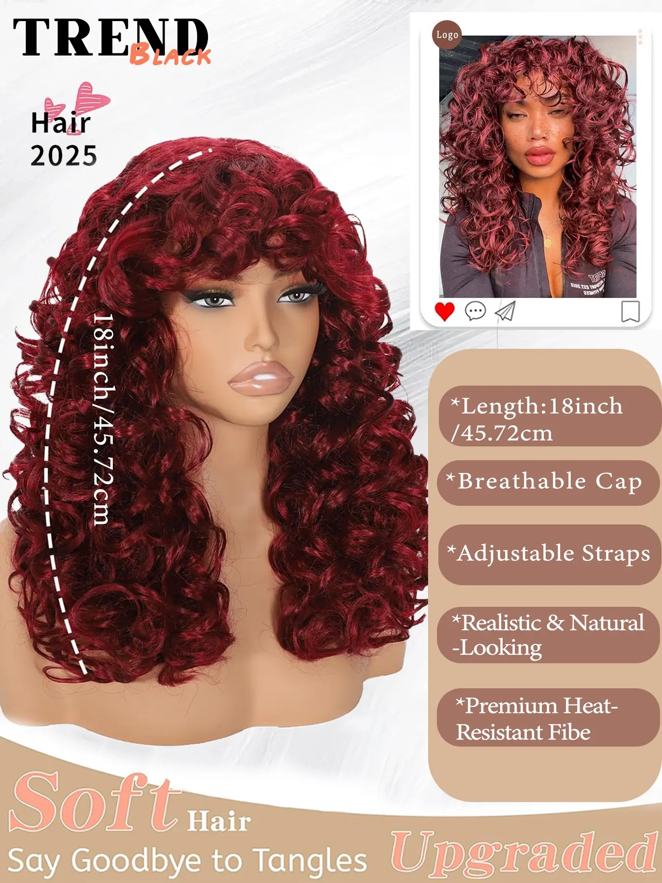 NEW !  Women 18 Inch Long Curly Wig Red Brown Amazon.com : BUPPLER Wig 18 Inch Medium Length Wigs for  main image 3