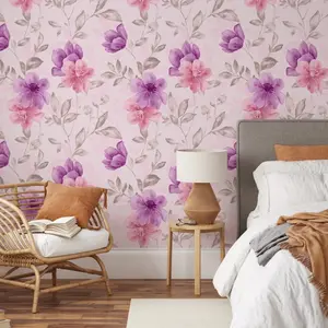 Watercolor aquarelle pink and purple floral pattern Peel and Stick Wallpaper Mural