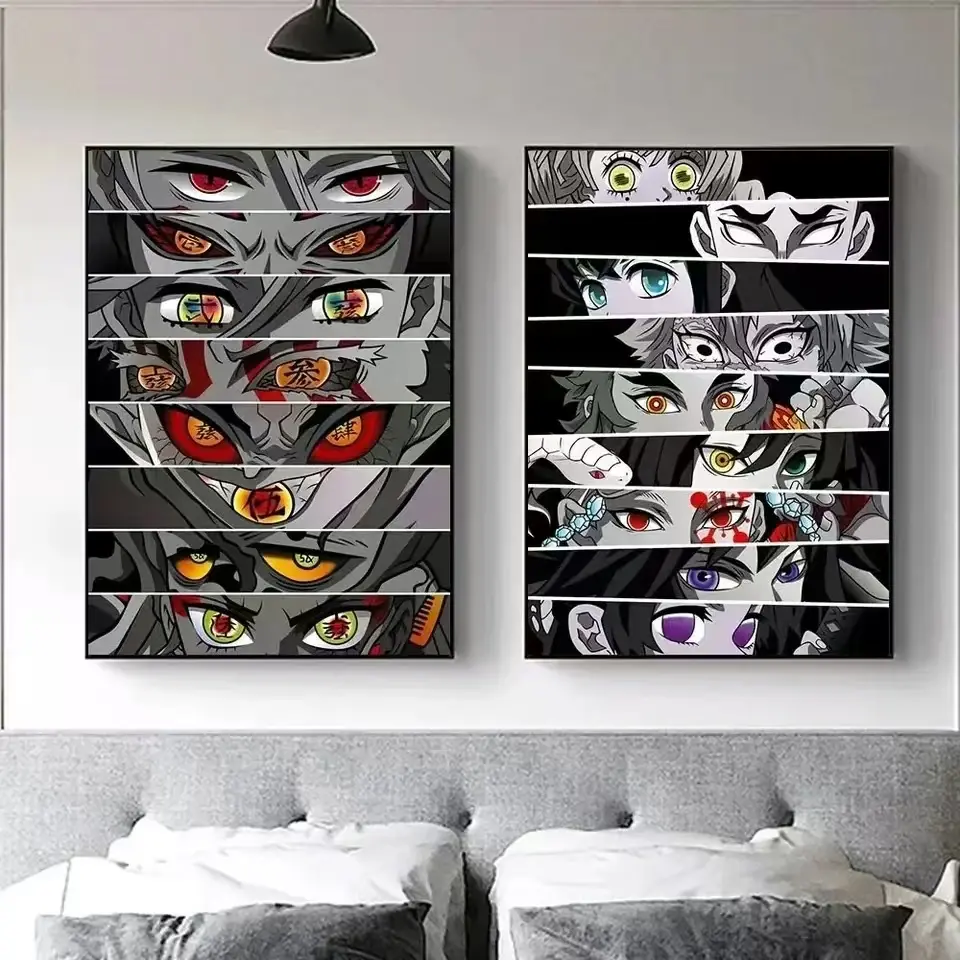 2pcs Cartoon Anime Eyes Demon Slayer Living Room Decorative Painting, Cartoon Eye Print, Unique Artwork, Unframed Canvas Poster for Bedroom, Home Wall Art Decoration, Aesthetic Wall Decor, Wall Decor Pictures, Graphic Eye Print