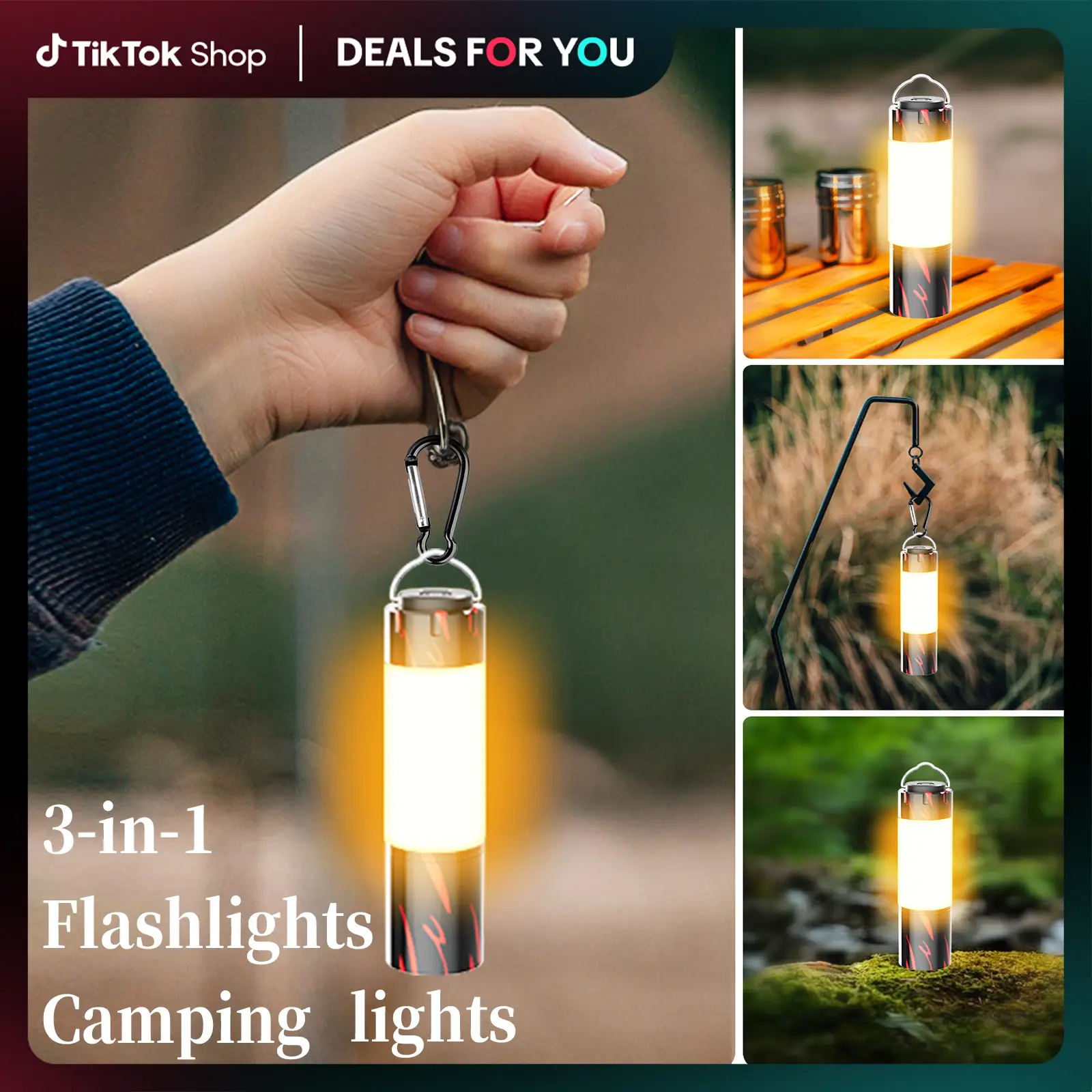 3-in-1 Flashlights Camping lights, Super Bright High Lumens Rechargeable Mini Lanterns, Portable Outdoor LED Zoomable Torches with Hook, 6 Modes, Wate