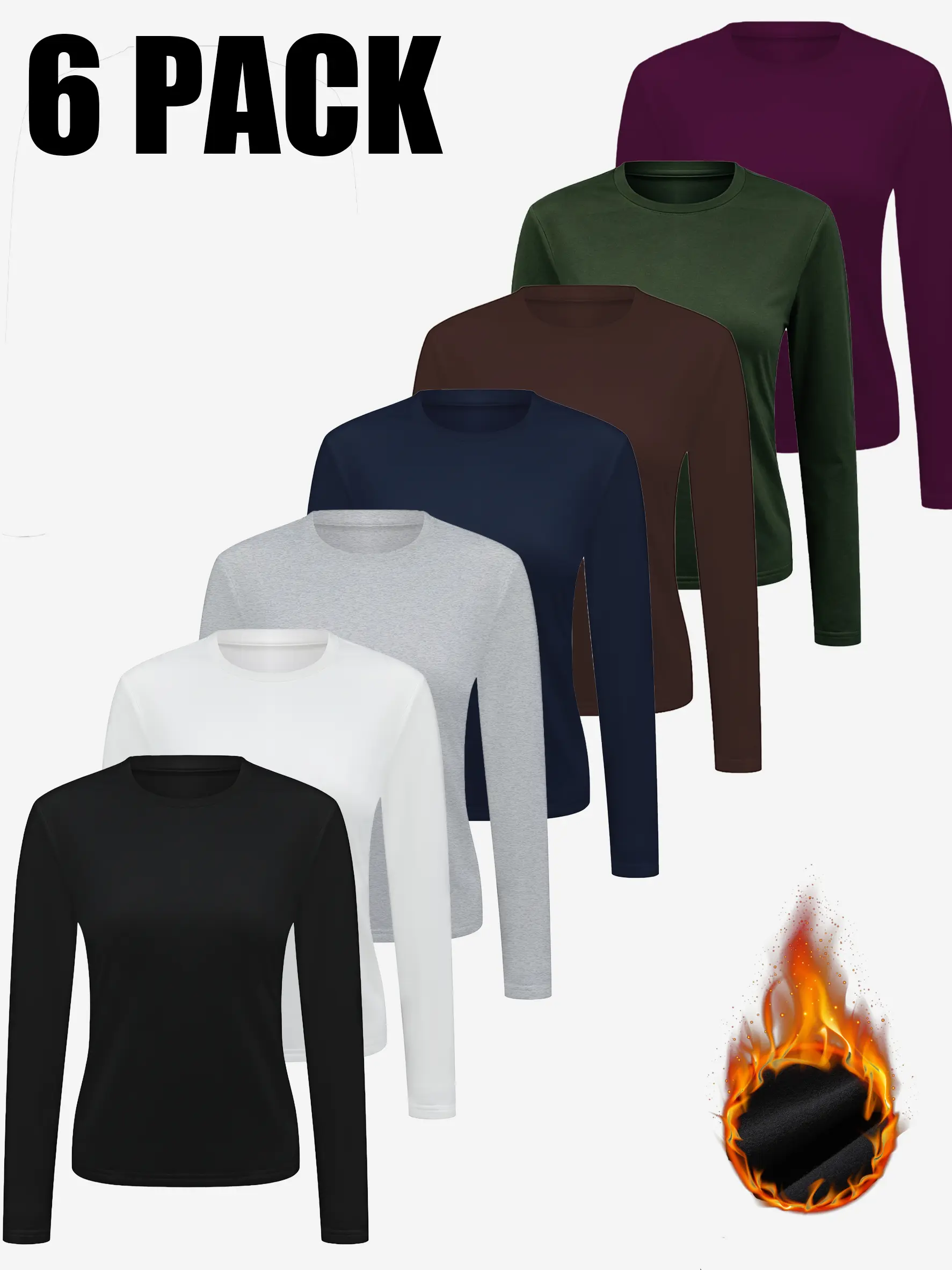 DM HAIS Women’s 6-Pack Thermal Crew Neck Base Layer Tops, Soft Stretch Polyester Mix Fitted Plain Shirts, Warm Layering Tops for Fall Winter Daily Wear, Holiday Gifts,sohochic