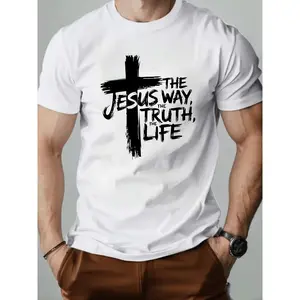 Men’s Faith Graphic T-Shirt, “The Way The Truth The Life” Cross Print Tee, Casual Short Sleeve Christian Style Shirt, Soft Breathable Everyday Top for Streetwear, Church, Daily Outfit, Unisex Fit