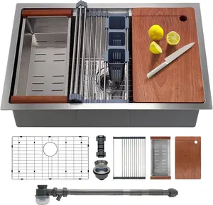 Undermount Kitchen Sink with Quiet Drain - 11 Gauge Stainless Steel, Single Bowl - Multifunctional Handmade Modern Integrated Ledge Workstation Set -