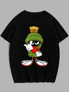 Marvin the Martian Looney Tunes American Retro Black Short-Sleeved Unisex T-Shirt, Classic Cartoon Character Graphic, Casual Streetwear for Animation & Pop Culture Enthusiasts, Unique Quirky Nostalgia Fashion Cotton Printed Round Neck T-Shirt