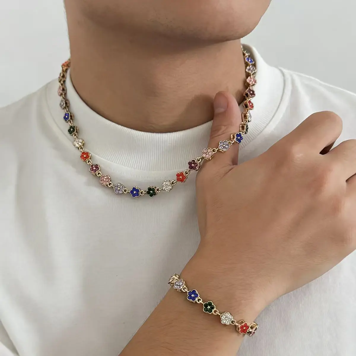 Hip-hop Light Luxury Colorful Floral Splicing Design Necklace for Men, Clavicle Chain & Bracelet, Daily Streetwear Accessories
