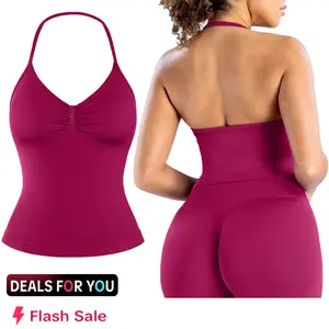 DFELN Women's Impact Longline Strappy Halter Workout Compression Tank Top for Gym Fitness Yoga Pilates Sports Vest  Activewear Running Athletic Apparel