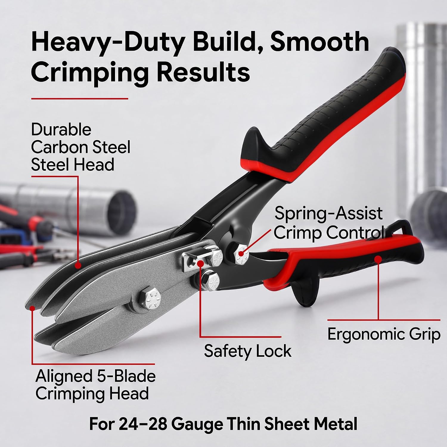 GJANSH 5 Blade Sheet Metal Crimper, 10.5 Inch Duct Crimping Tool for 24-28 Gauge Sheet Metal, HVAC Duct Work, Gutter Crimper for Downspout, Stove Pipe and Venting Work, Safety Lock, Black GJANSH 5 Blade Sheet Metal Crimper, 10.5 Inch Duct Crimping Tool for 24-28 Gauge Sheet Metal, HVAC Duct Work, Gutter Crimper for Downspout, Stove Pipe and Venting Work, Safety Lock, Black