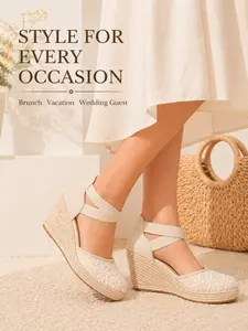 Womens Floral Embroidery Espadrille Wedge Sandals Closed Toe Elastic Ankle Strap Platform Shoes Boho Style Sandal Boho Summer Vacation Comfortable Dressy Footwear