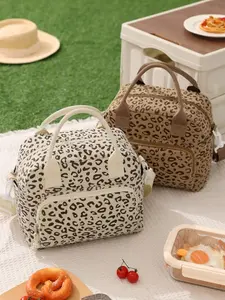 1pc Portable Cherry Corduroy Insulated Lunch Bag,Corduroy Lunch Tote, Star & Leopard-Print Lunch Box,Reusable With Adjustable Shoulder Strap, Large CapacityCooler Bag Waterproof Thermal, Thickened For Students,Work