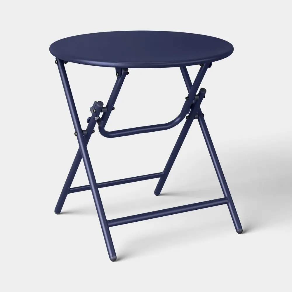 Navy Metal Round Open Weave Foldable Outdoor Accent End Table with X-Legs and Storage, 17.88"x18.12" - Threshold, Steel Frame, 18.12In D