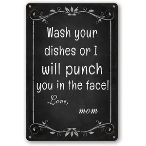 Wall Decor Funny Metal Tin Sign Kitchen Sets For Home Decorations Wash Your Dishes Or I Will Punch You In The Face Love Mom Coffee Bar Signs Decor House Rules Clean Your Dishes Sign