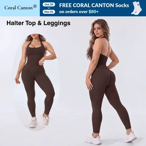 Coral Canton Seamless Halter Top & Leggings Sets SohoChic
