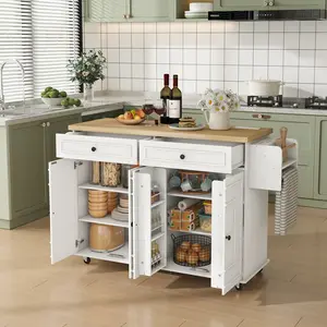 【SPRING GLOW UP】ONBRILL 58" Mobile Kitchen Island, Kitchen Island Cart with Power Outlet, Island Table for Kitchen, Home Bar Carts with Storage, Kitchen Rolling Island with Spice Rack & Towel Rack & Knife Holder